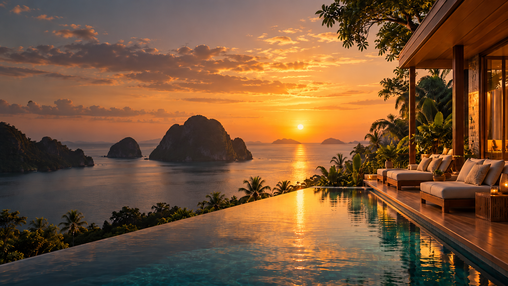 Atardecer sobre las islas de Filipinas desde una piscina frente al mar
