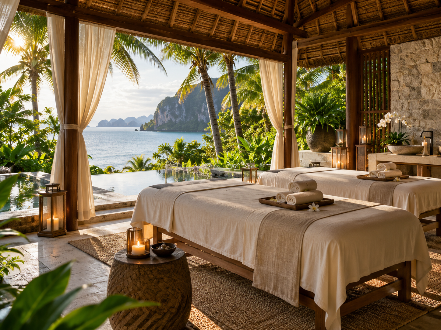 Spa y piscina rodeados de vegetación tropical