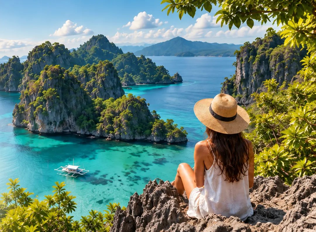 Viajera contemplando las islas y aguas turquesas de Filipinas