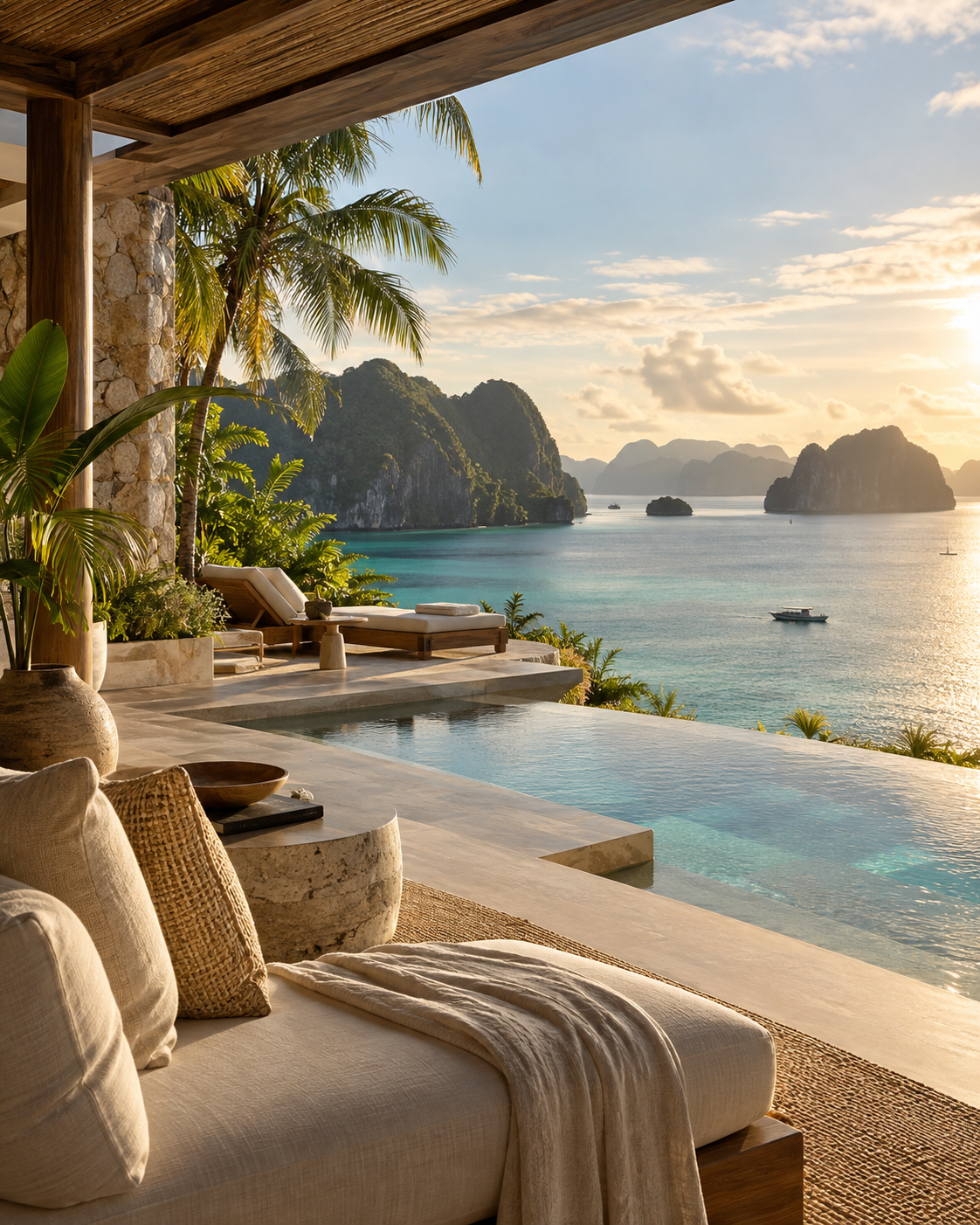 Villa tropical con piscina frente al mar al atardecer
